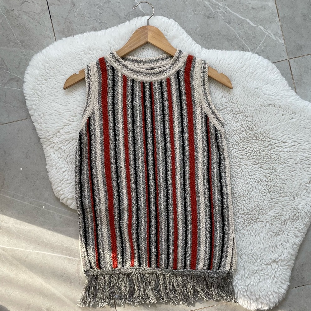 Massimo Dutti Striped Knit Sleeveless Crewneck in Red, Gray, Cream